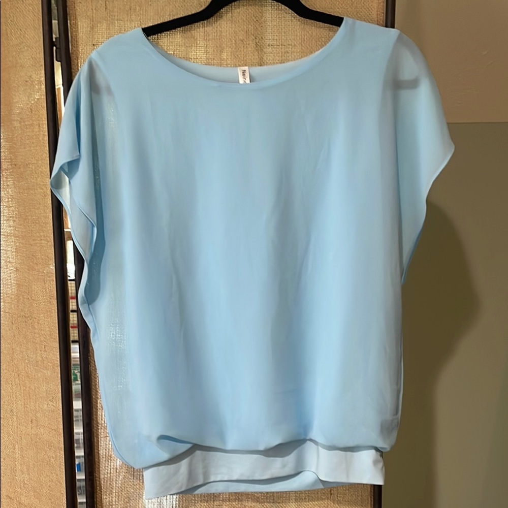 Blue Blouse with Cap Sleeves and Relaxed Fit